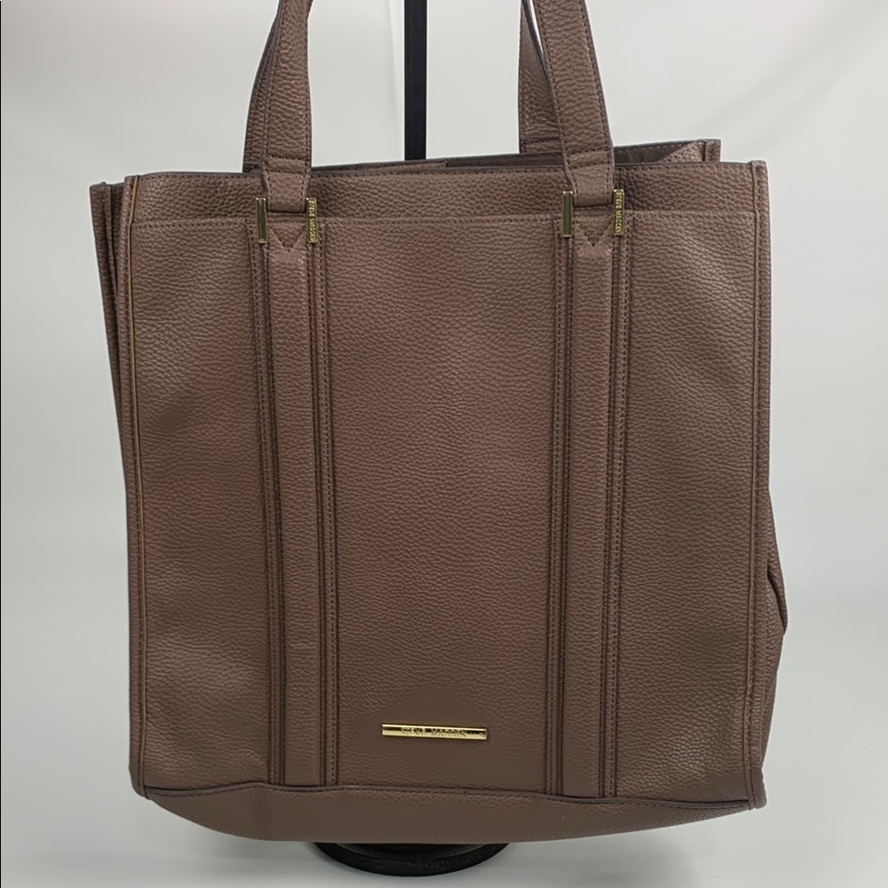 Steve Madden Brown Faux Leather Tote shoulder bag Gold charm Zip pocket New